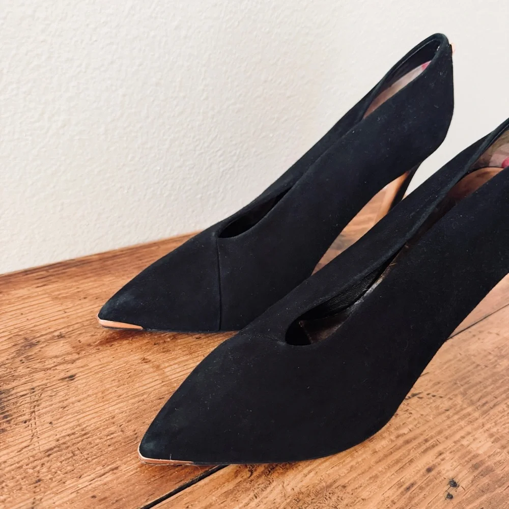 Ted Baker Black Suede Gold Bow Heels
